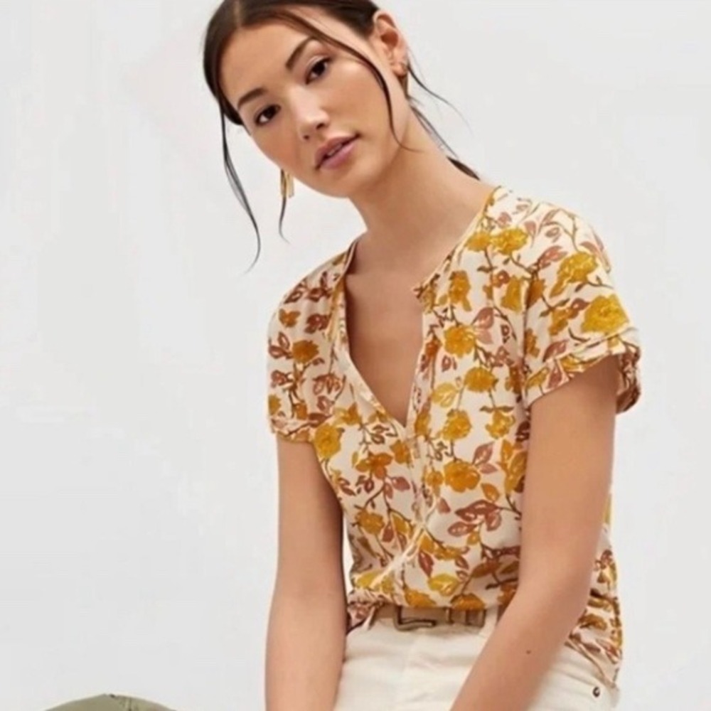 Anthropologie Pilcro Floral Split Neck Blouse Cream Yellow Rust Small